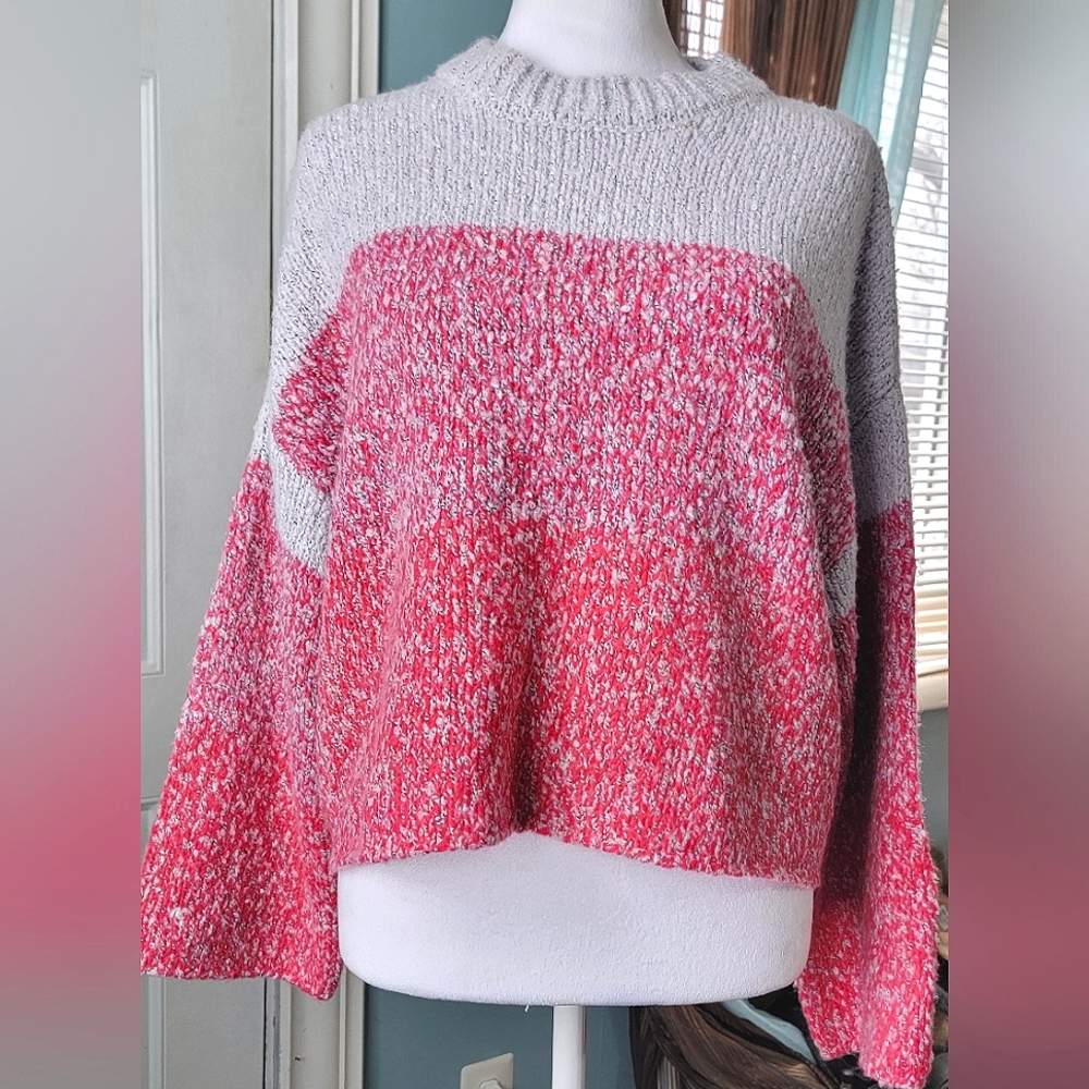 Sincerely Jules Chunky Knit Oversized Cropped Sweater Women's S Gray Pink Red NW